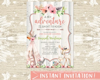 Editable Boho Woodland Animal girl baby shower invitation, a new adventure, forest, girl baby shower invite, template, instant, tepee