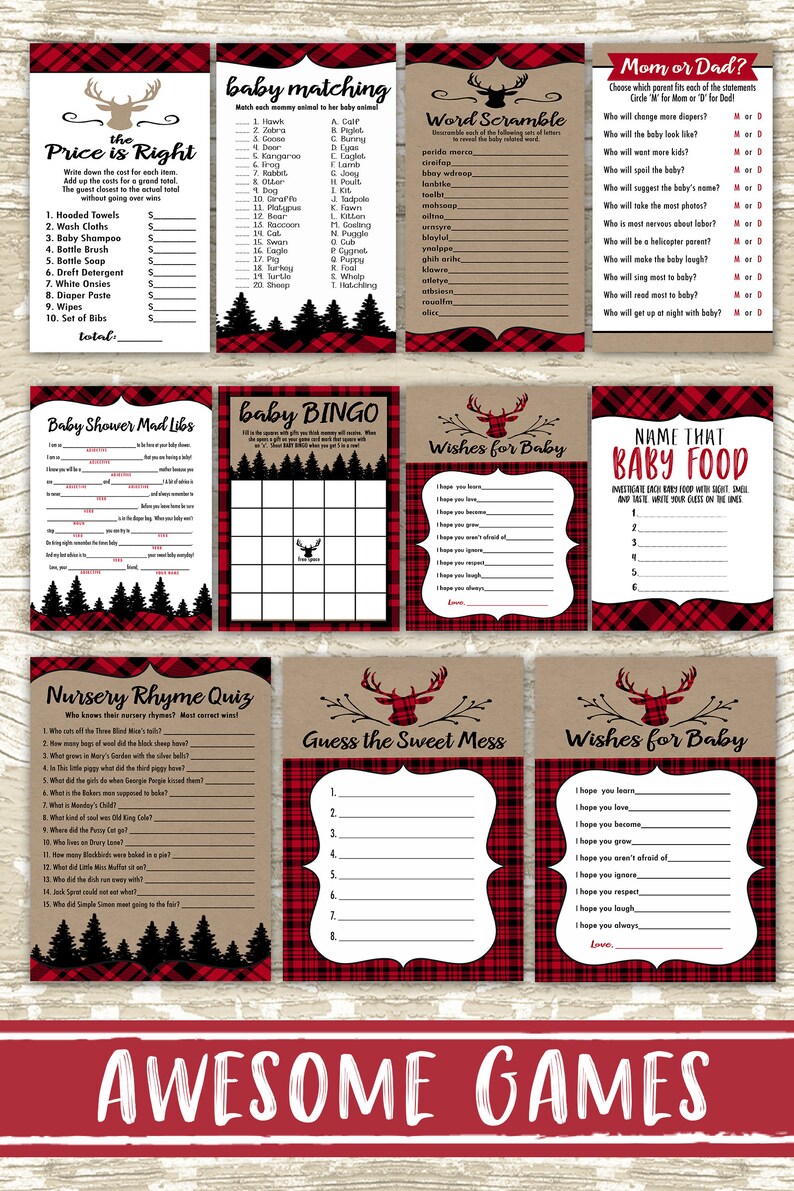 Oh Deer Baby Shower Party Package, Printable Red and Black Plaid Baby Shower Decor, Party Games, Party Decor, DIY, Instant, Lumberjack image 3