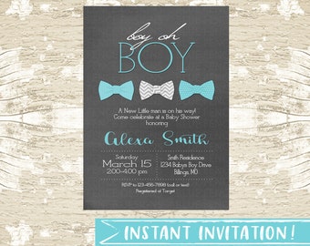 Instant Editable Bow Tie Baby Boy Shower Invitations, gray, aqua, little man, little gentleman, printable, digital DIY