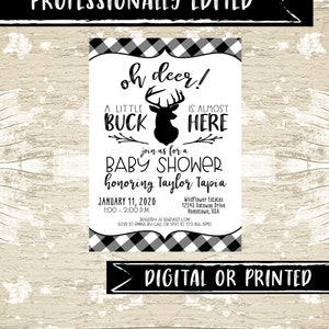 Baby Boy Shower Invitation, Oh Deer Black and White Plaid, Little Buck, Antlers, DIY image 1