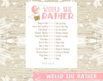 Would She Rather Hot Air Balloon Girl Baby Shower Game INSTANT DOWNLOAD printable