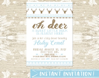 Oh Deer Baby Shower Uitnodiging Instant Download in goud en babyblauw