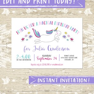 Editable Unicorn Invitation, Unicorn Birthday Party Invitation template, Invite, pink purple aqua girl, magical birthday party, INSTANT, DIY