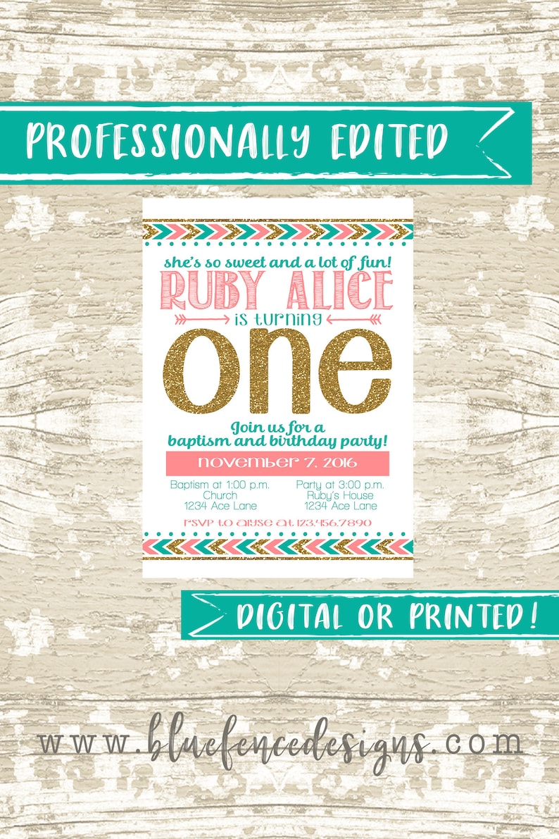 Arrow First birthday party invitation one teal coral gold Etsy