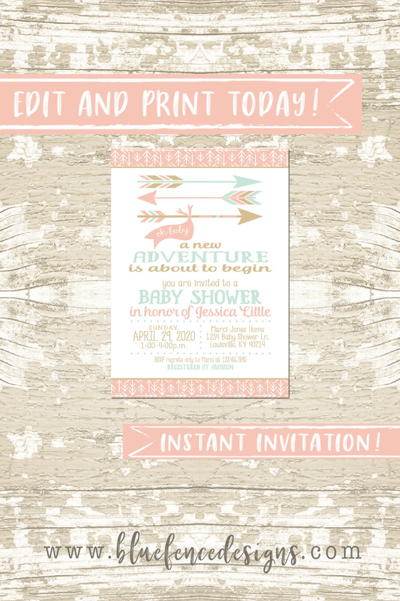 Editable girl baby shower invitation, a new adventure, first time parents, forest, woodland, template, coral, mint, gold, pink, instant image 1
