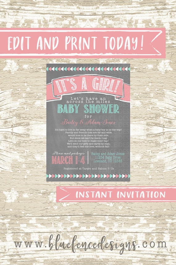 Editable Long Distance Baby Shower Girl Shower Invite Etsy