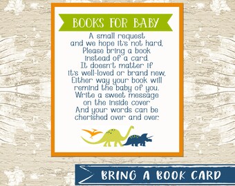 Dinosaur themed bring a book card insert \\ baby shower invitation insert  \\  book instead of a card  \\ navy \\ orange\\ green\  shower