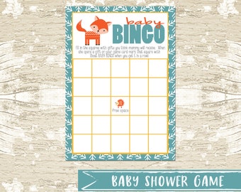 Woodland Baby Shower Bingo Card, Forest, Fox, Hedgehog, game, INSTANT DOWNLOAD, blue and yellow, baby shower games, presents