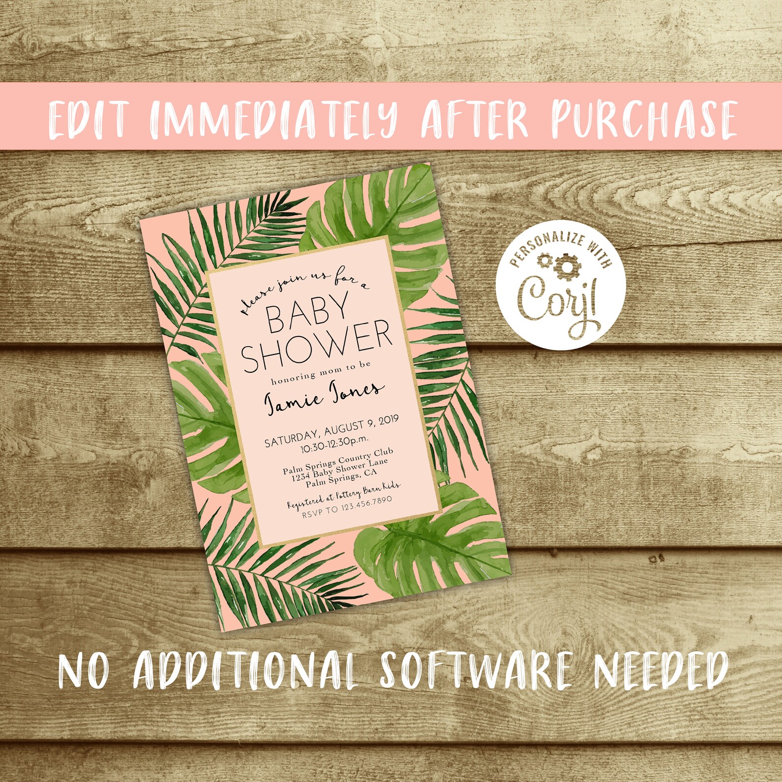 Tropical Baby Shower Invitation Coral and Palms Shower Etsy