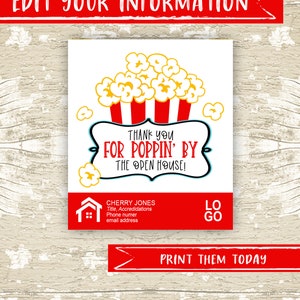 Makelaar Open Huis Popcorn Pop door tags, verwijzing onroerend goed afdrukbare tag, onroerend goed marketing dank u tag INSTANT DOWNLOAD