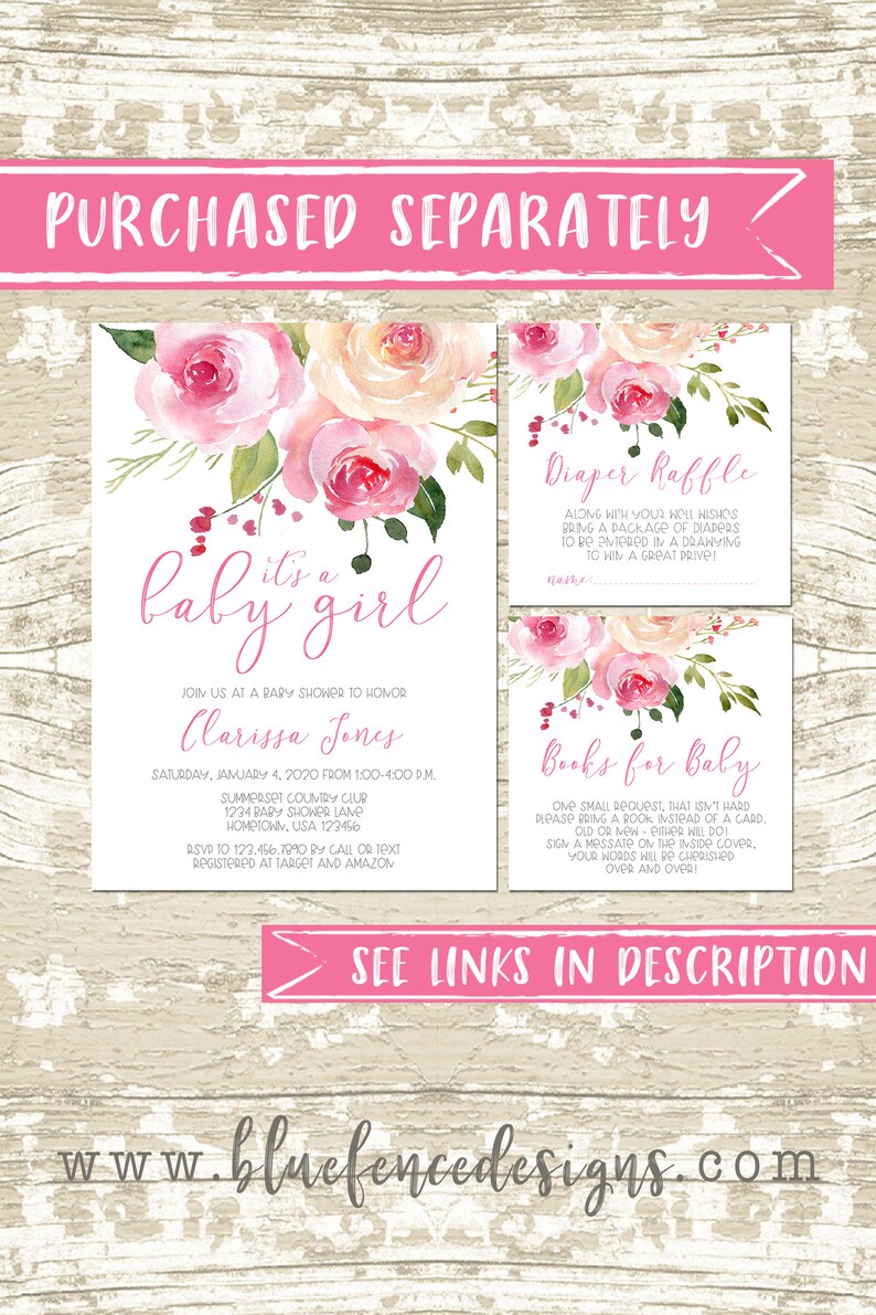 DIY INSTANT DOWNLOAD Watercolor Floral Baby Girl Diaper Raffle Ticket zdjęcie 2