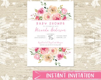 Blush Pink It's a Girl Floral Baby Shower Invitation, DIY Template with beautiful watercolor flowers