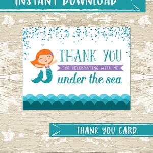INSTANT DOWNLOAD \\ Zeemeermin verjaardagsfeestje Bedankkaart \\ Onder de zee \\ Paars \\ Turquoise \\ DIY \\ Afdrukbaar \\ BlueFenceDesigns