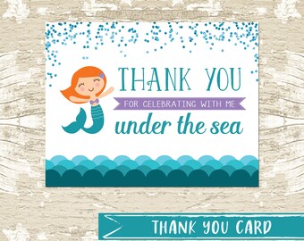INSTANT DOWNLOAD \\ Mermaid Birthday Party Thank You Card \\ Under the Sea  \\ Purple  \\ Turquoise \\ DIY \\ Printable \\ BlueFenceDesigns
