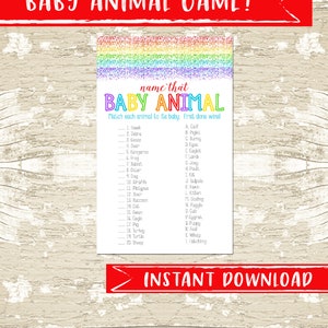 Rainbow Theme Name That Baby Animal Shower Game, Baby Shower Baby Animals Matching Game, Instant Download, Printable file, Shower Game