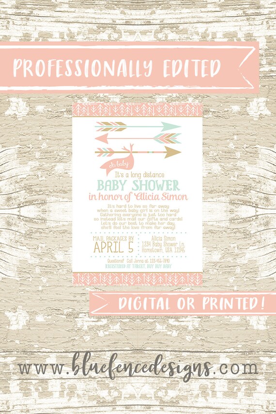 Long Distance Girl Baby Shower Invitation Can Change All Colors A New Adventure Across The Miles By Mail Arrows C Mint Gold