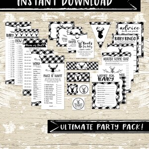 Black and White Oh Deer Baby Shower Party Package, Printable Plaid Baby Shower Decor, Party Games, Party Decor, DIY image 1