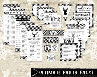 Black and White Oh Deer Baby Shower Party Package,  Printable  Plaid Baby Shower Decor,  Party Games,  Party Decor, DIY