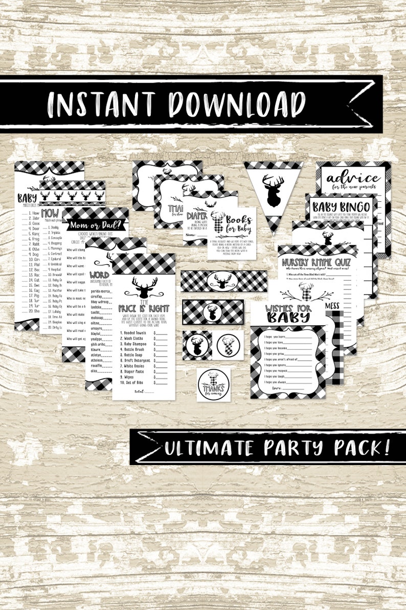 Black and White Oh Deer Baby Shower Party Package, Printable Plaid Baby Shower Decor, Party Games, Party Decor, DIY image 1