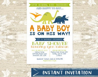 Dinosaur Virtual Baby Shower Invitation Template, Shower By Mail, Facebook Baby Shower Invite Editable, Long Distance Invite Printable