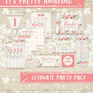 Woodland Boho Baby douche partij afdrukbare pakket, Forest dierlijk meisje partij afdrukbare ingesteld, Party spellen, Party Decor, decoraties