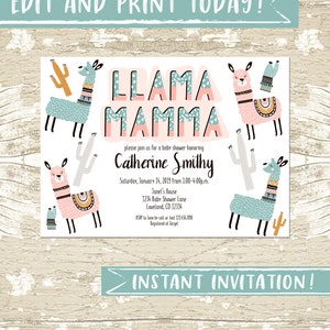 Llama Invitation Template, Editable Llama Mamma, Llama Baby Shower Invite, Llama Party, Instant Download,  Baby Shower Invitation template