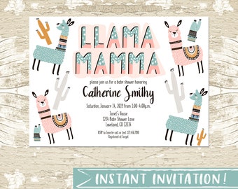 Llama Invitation Template, Editable Llama Mamma, Llama Baby Shower Invite, Llama Party, Instant Download,  Baby Shower Invitation template