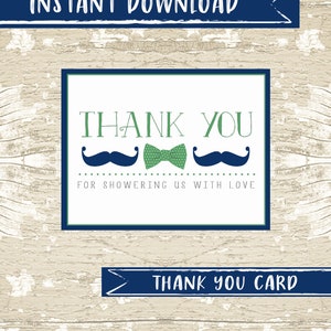 DOWNLOAD INSTANTÂNEO Cartões de agradecimento para pequeno cavalheiro, convite para chá de bebê de menino, azul, marinho, verde, gravata borboleta, gravata, bigode, homenzinho