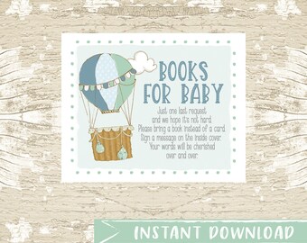 Hot Air Balloon Boy Baby Shower Bring a Book Card - Blue Books for Baby Instant Download