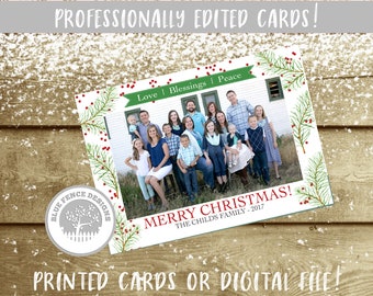 Photo Christmas Card, Holiday Card with photos, Watercolor, Pine, Banner, Berries, Horizontal Photo, DIY, Printable, Printed, Template