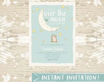 Over the Moon Baby Shower Invitation Instant Download