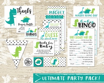 Blue and Green Dinosaur Baby Shower Party Package,  Girl Party Printable,  Party Games,  Party Decor, DIY, Book Card, Diaper Raffle, Instant