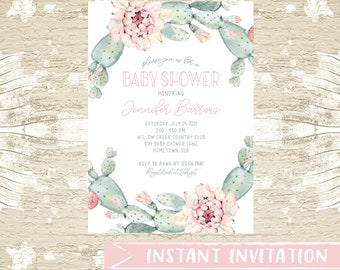 Southwest Cactus Baby Shower Invitation Template, Girl Baby Shower Invite, Instant Access 1101