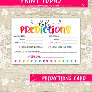 DOWNLOAD IMMEDIATO Scheda Baby Shower per bambina con previsioni del bambino con cuori arcobaleno