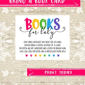 INSTANT DOWNLOAD Rainbow bring a book card insert, Books for Baby, Rainbow Baby Shower Invitation Insert, book instead of a card, DIY image 1