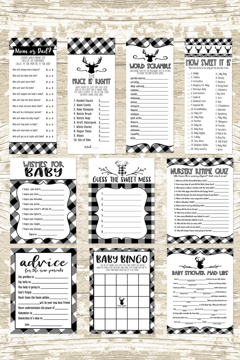 Black and White Oh Deer Baby Shower Party Package, Printable Plaid Baby Shower Decor, Party Games, Party Decor, DIY image 4