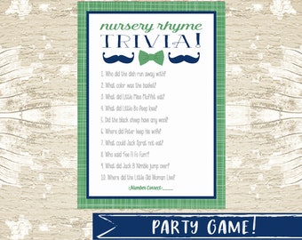 INSTANT DOWNLOAD, Nursery Rhyme Trivia Little Gentleman Boy Baby Shower Game, shower game, little man, blue, green, bow tie, mustache, games