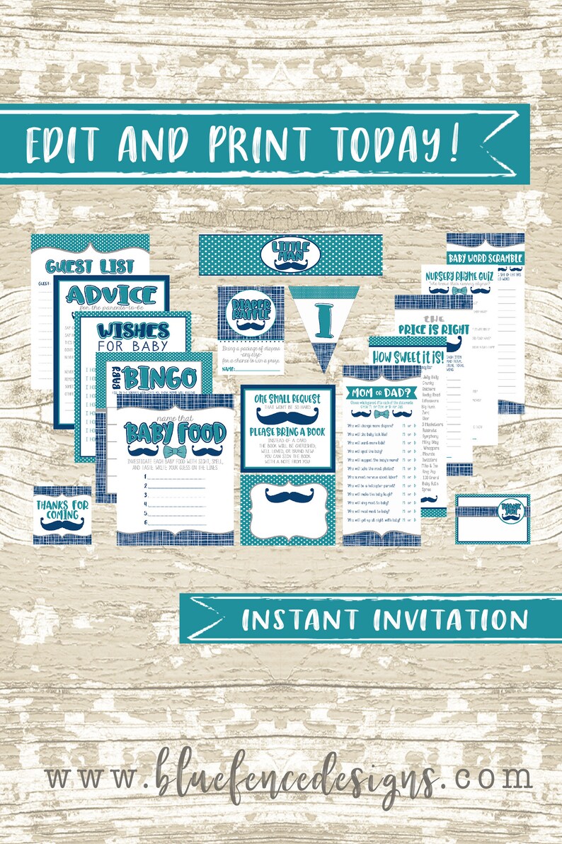 Little Man Boy Baby Shower Party Printable Package in Teal and | Etsy