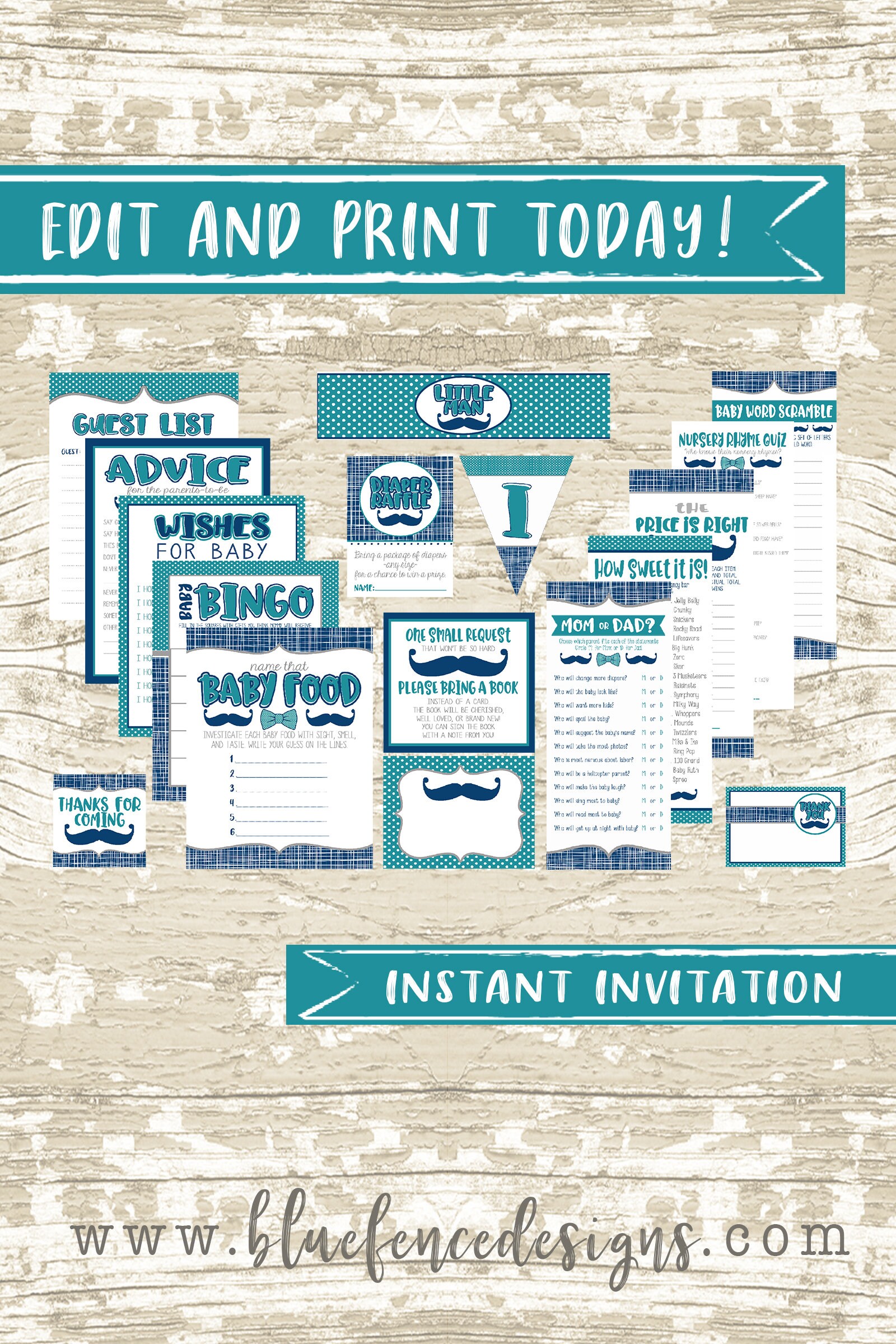 Little Man Boy Baby Shower Party Printable Package in Teal and | Etsy