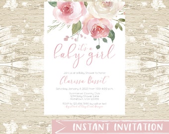 Blush Pink It's a Girl Floral Baby Shower Invitation, DIY Template with beautiful watercolor flowers - Item 811