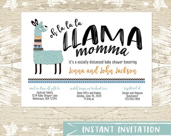 Bewerkbare Lama sociale afstand baby shower uitnodiging, baby shower per post, lange afstand, over de mijl douche, Llama Momma