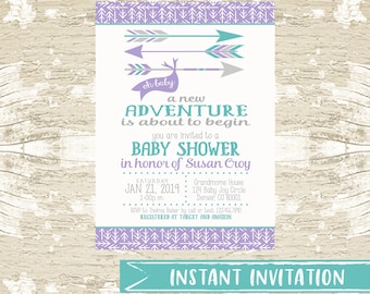 Bewerkbare meisje baby shower uitnodiging, een nieuw avontuur, eerste keer ouders, bos, bos, sjabloon, paars, groenblauw, grijs, instant sjabloon