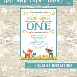 Editable Woodland First Birthday Party Invitation for a girl or boy, fox, hedgehog, owl, forest, garden.  Instant Download, Corjl
