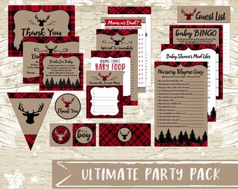 Oh Deer Baby Shower Party Package,  Printable Red and Black Plaid Baby Shower Decor,  Party Games,  Party Decor, DIY, Instant, Lumberjack