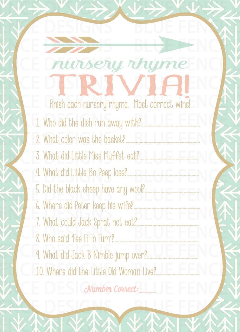 INSTANT DOWNLOAD Nursery Rhyme Trivia Baby Shower Game Etsy