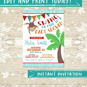 Editable Instant Download Monkey baby boy shower invitation, jungle animals shower invitation, bright colors, sip and see, diaper, jungle