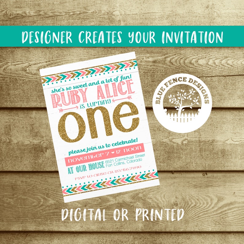 Arrow First birthday party invitation one teal coral gold Etsy