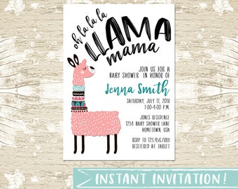 Girl Llama Mama Baby Shower Invitation Template Printable, INSTANT DOWNLOAD