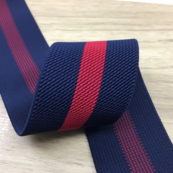 2 Inch (50mm) Wide Navy and Red Striped Twill Colored Elastic, Waistband Elastic, Sewing Elastic 22020