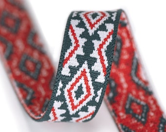 1 inch (25mm) Wide Elastic Band, Green-Blue and Red/Brown Aztec Pattern Heavy Duty Thick Woven Latex-free Elastic Band for Sewing- 1 Yard